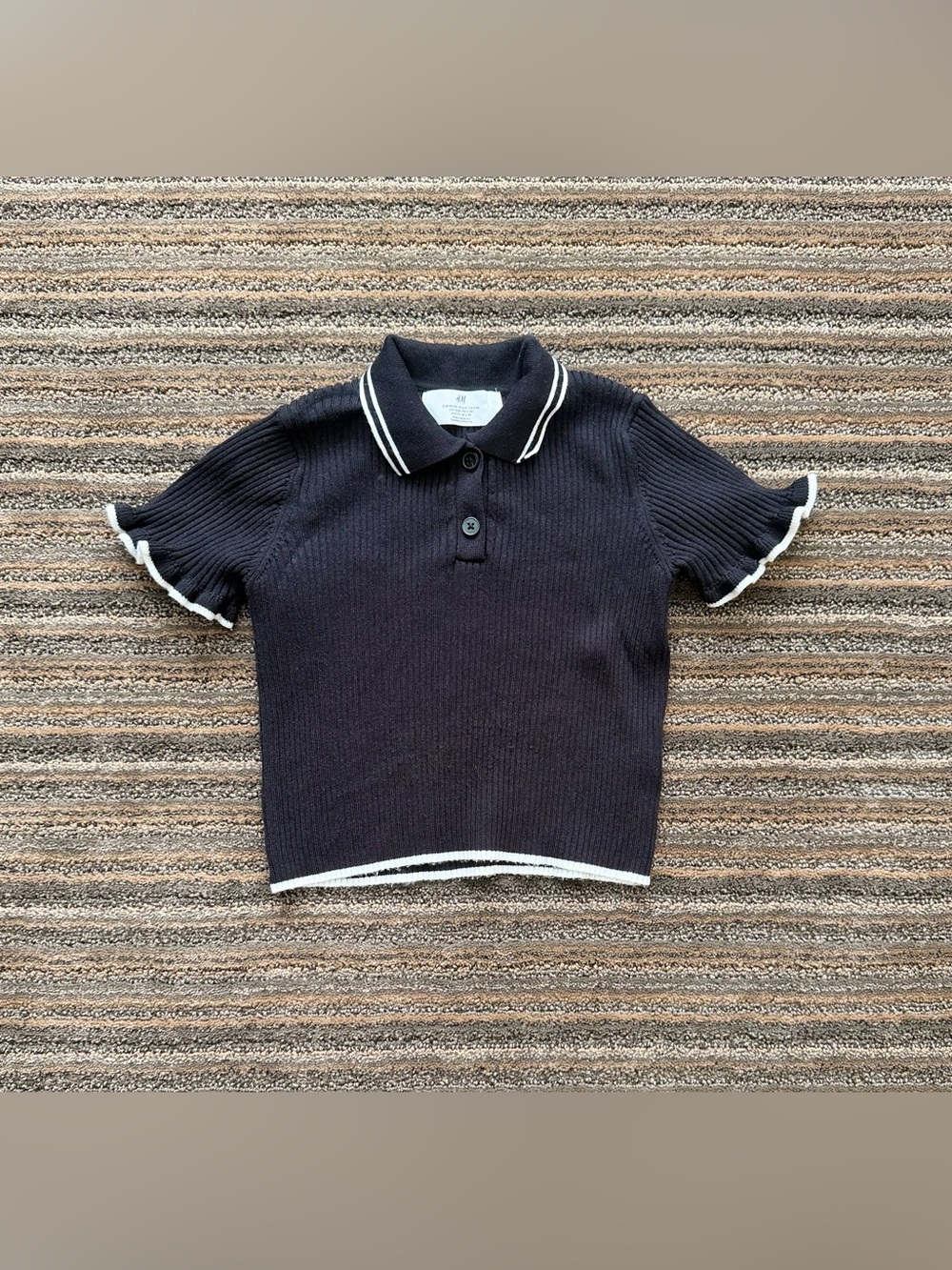 H&M Toddler Black Polo Knit Ribbed Collared Top with Ruffle Short Sleeves